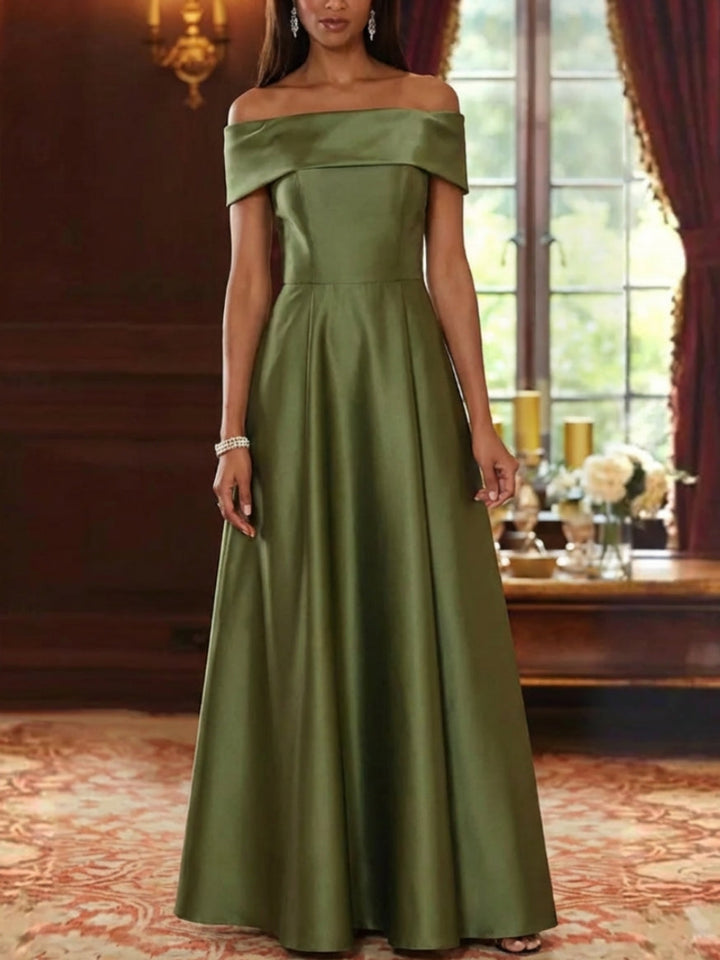 Robe mère de la mariée ligne A, satin manches tombantes, sans manches, longueur sol, plissé