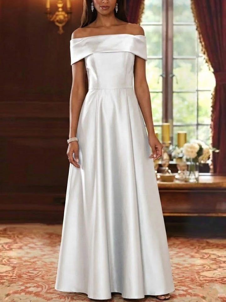 Robe mère de la mariée ligne A, satin manches tombantes, sans manches, longueur sol, plissé