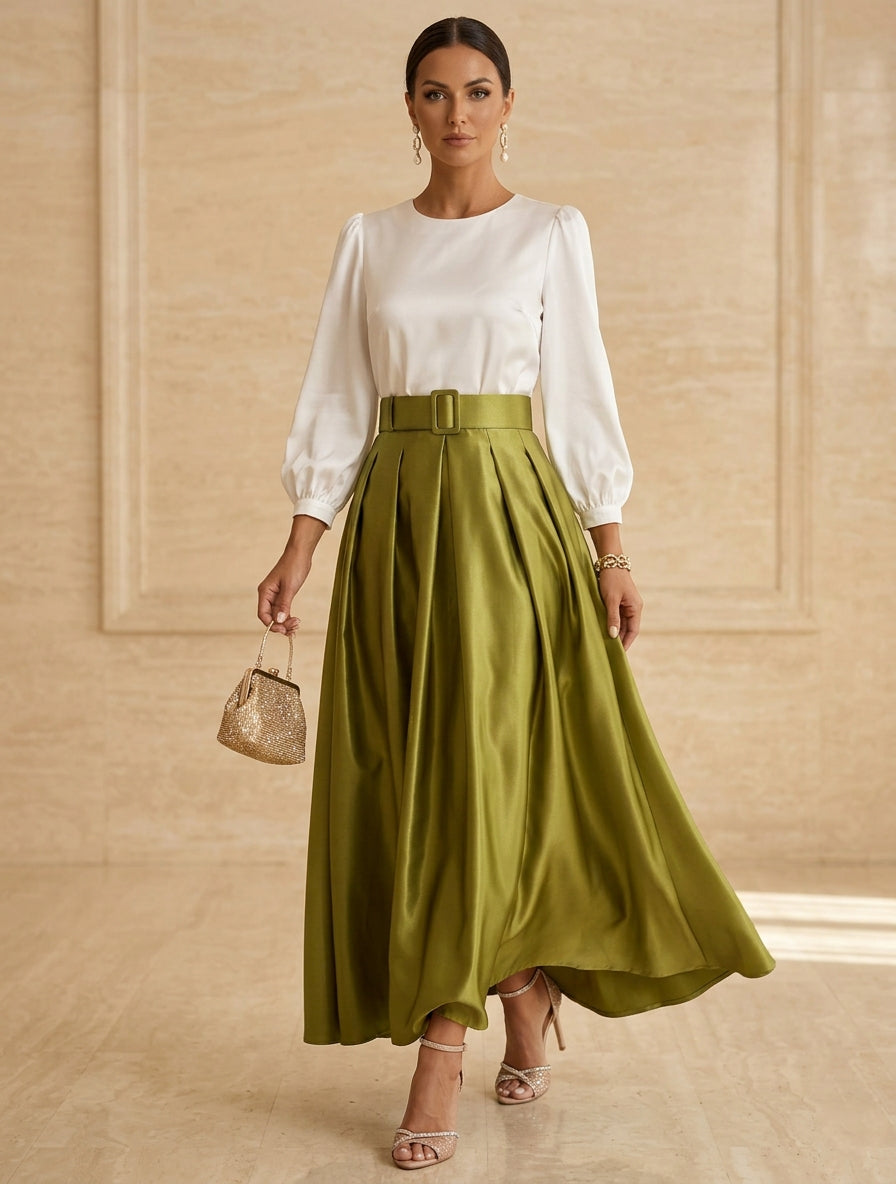 Robe mère de la mariée ligne A, taffetas col rond, manches longues, longueur cheville, plissé