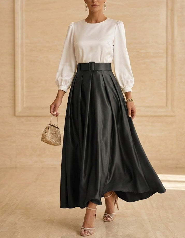 Robe mère de la mariée ligne A, taffetas col rond, manches longues, longueur cheville, plissé