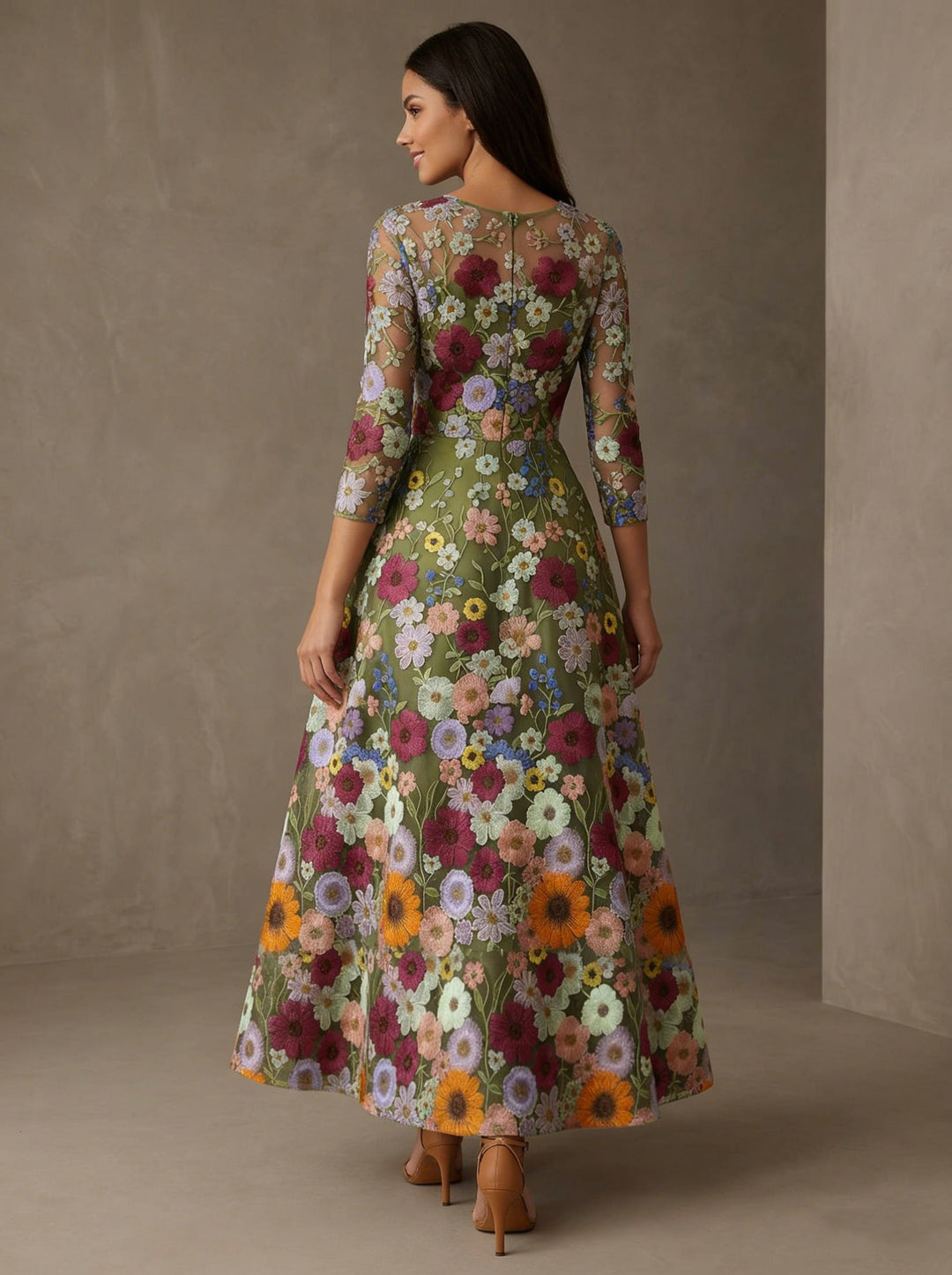 Robe mère de la mariée ligne A, col rond, dentelle florale, manches 3/4, longueur cheville