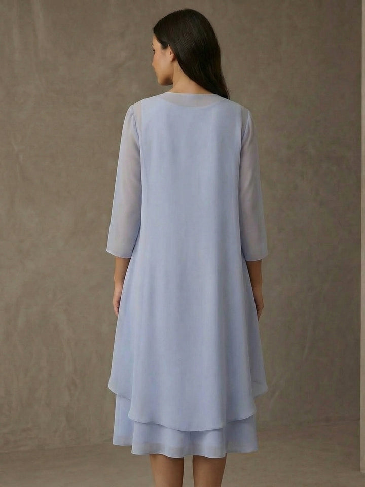 Ensemble 2 pièces mère de la mariée ligne A, mousseline col rond, veste, manches 3/4, longueur midi, dentelle