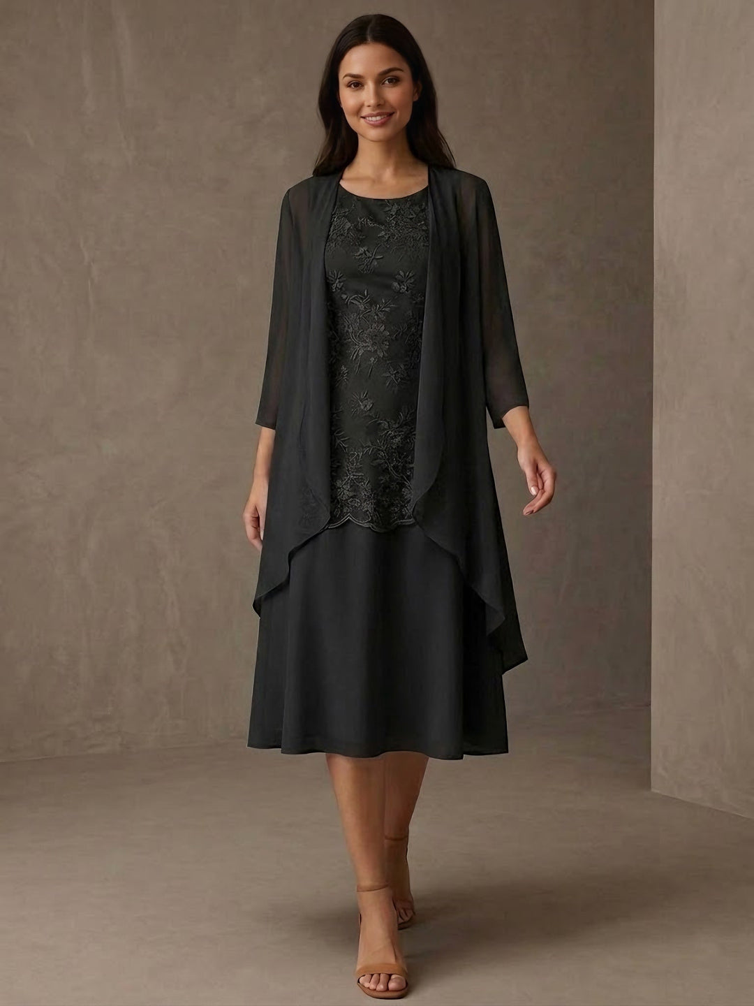 Ensemble 2 pièces mère de la mariée ligne A, mousseline col rond, veste, manches 3/4, longueur midi, dentelle