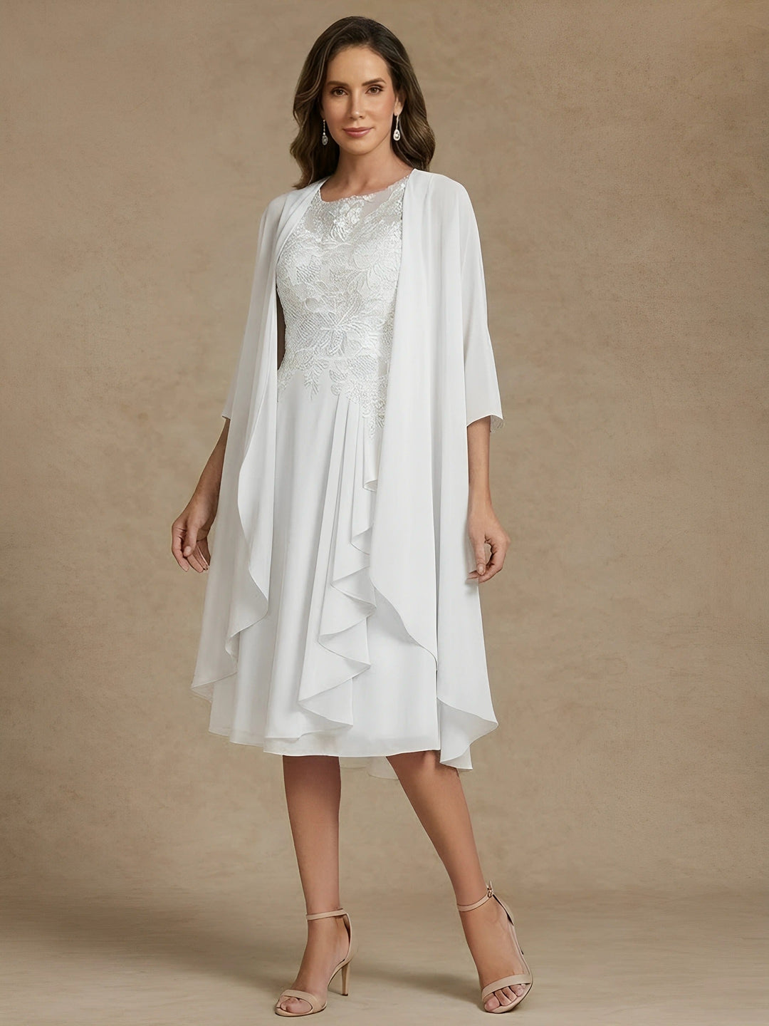 Ensemble 2 pièces mère de la mariée ligne A, mousseline col rond, veste dentelle, manches 3/4, longueur midi, volants