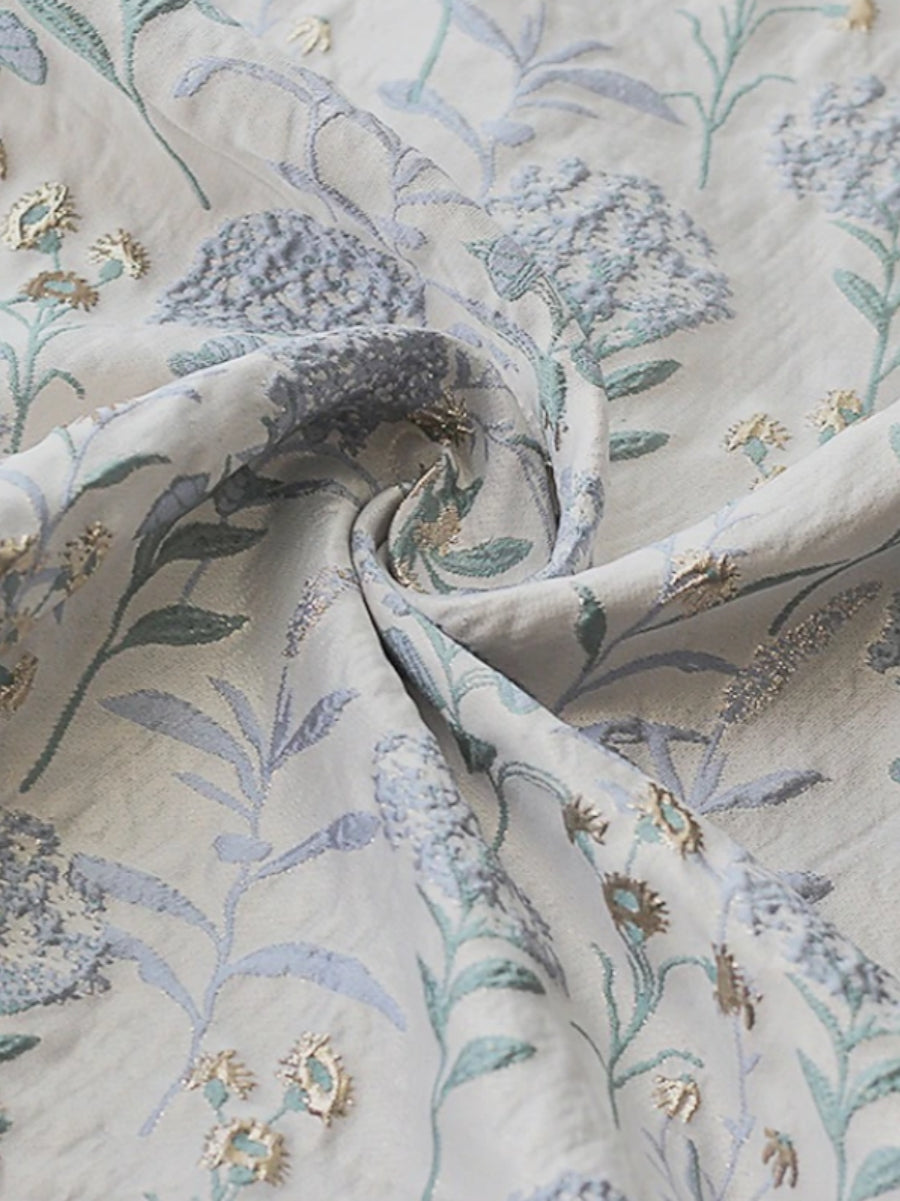 Robe mère de la mariée ligne A, jacquard col V, imprimé floral, manches 3/4, longueur midi