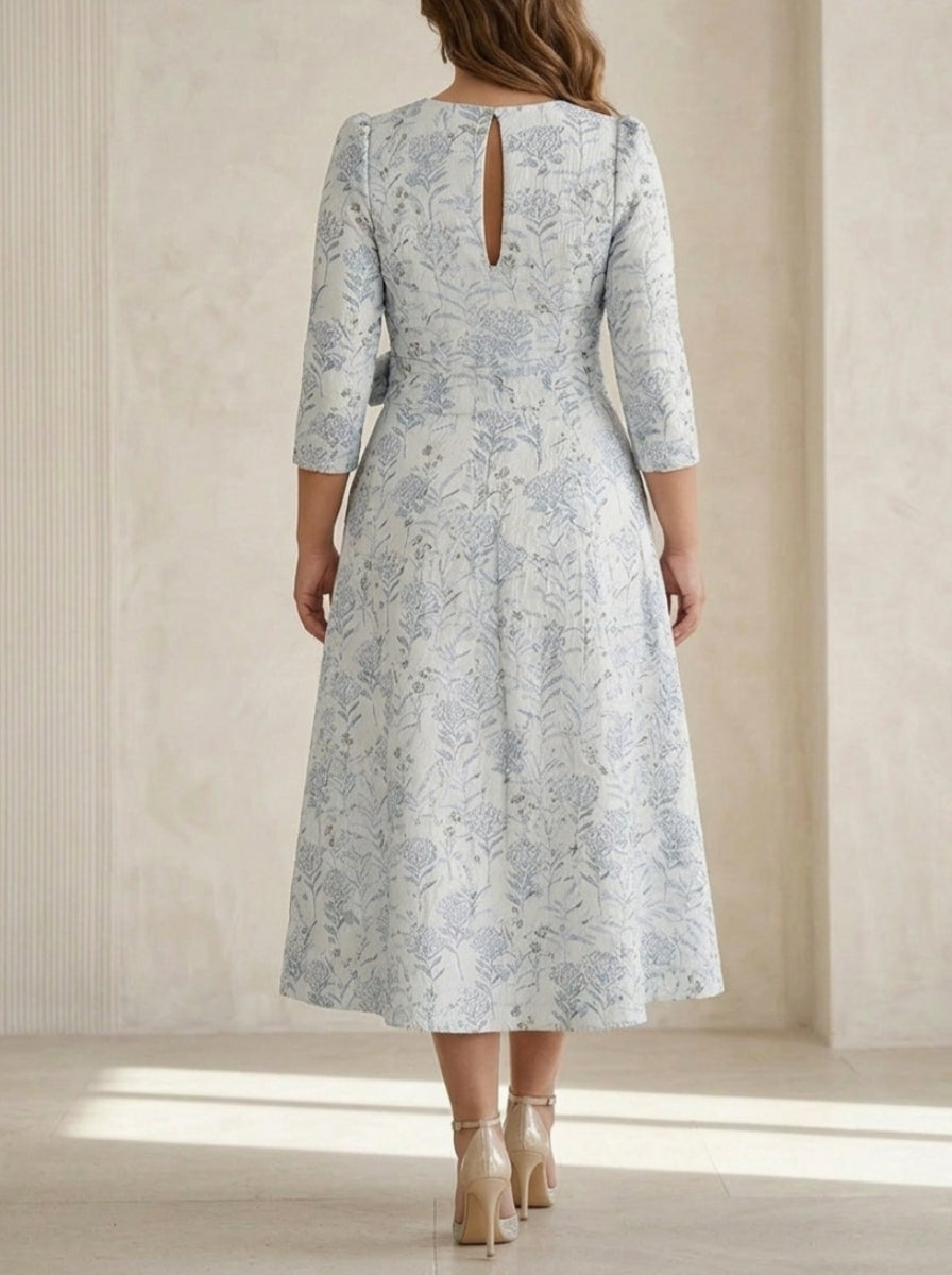 Robe mère de la mariée, Taille Plus, Ligne A/Princesse, Col en V, Jacquard, Manches 3/4, Longueur du Thé, Florale