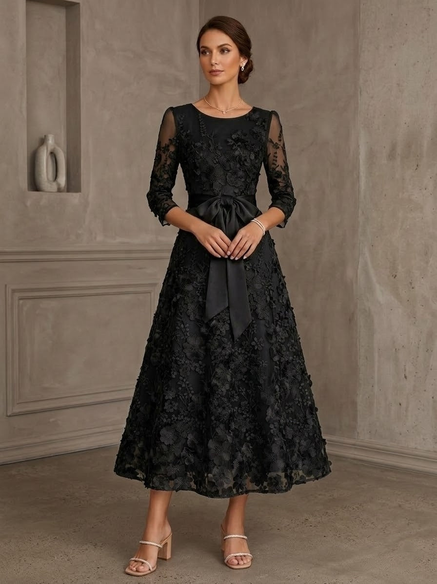 Robe mère de la mariée ligne A, dentelle col rond, broderie florale, manches 3/4, longueur midi, nœud