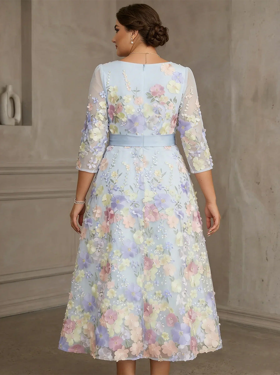 Robe ligne A/princesse grande taille, col rond, mousseline, pour mère de la mariée, dentelle, broderie florale, longueur de thé, manches 3/4, nœud