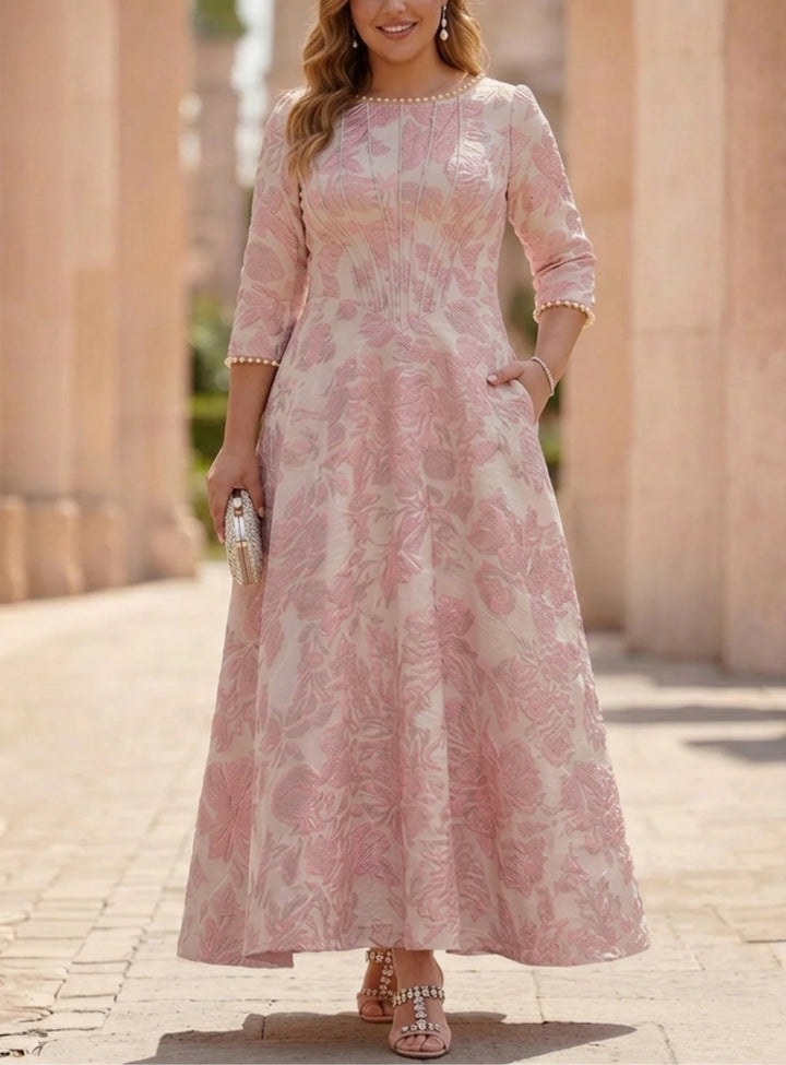 Robe Mère de la Mariée, Taille Plus, Ligne A/Princesse, Col Rond, Jacquard, Manches 3/4, Longueur de la Cheville, Florale