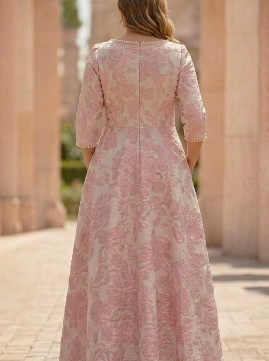Robe Mère de la Mariée, Taille Plus, Ligne A/Princesse, Col Rond, Jacquard, Manches 3/4, Longueur de la Cheville, Florale