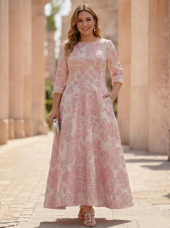 Robe Mère de la Mariée, Taille Plus, Ligne A/Princesse, Col Rond, Jacquard, Manches 3/4, Longueur de la Cheville, Florale