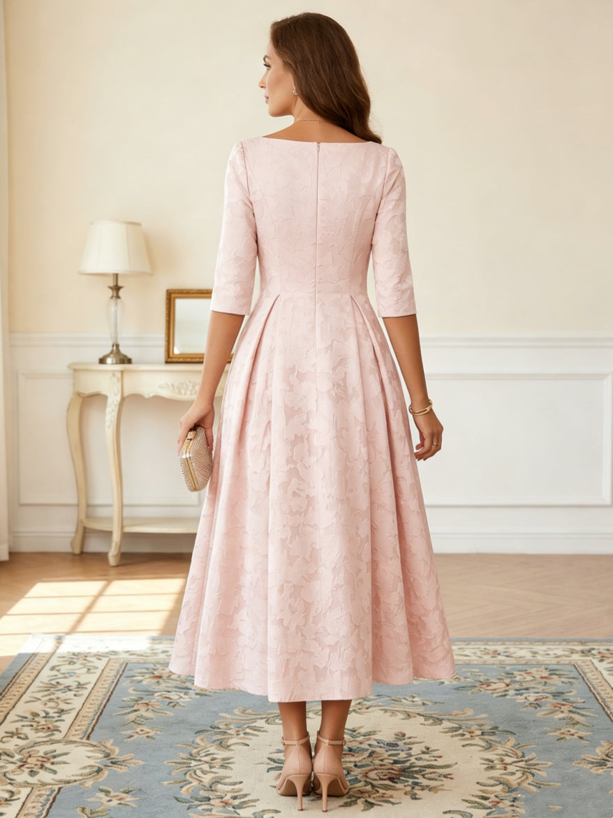 Robe mère de la mariée ligne A, col V, floral burnout, manches 3/4, longueur midi, ceinture