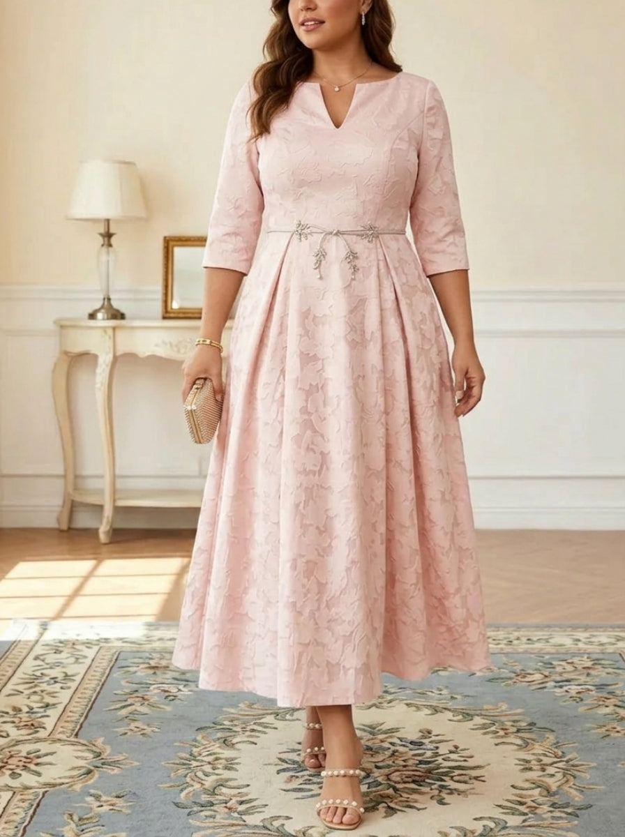 Robe mère de la mariée, Taille Plus, Ligne A/Princesse, Burnout Floral, Manches 3/4, Longueur du Thé