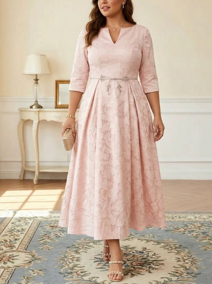 Robe mère de la mariée, Taille Plus, Ligne A/Princesse, Burnout Floral, Manches 3/4, Longueur du Thé