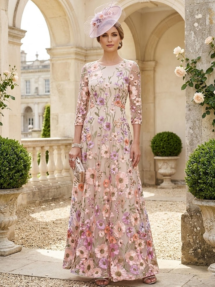 Robe mère de la mariée ligne A, dentelle col rond, broderie florale, manches 3/4, longueur cheville