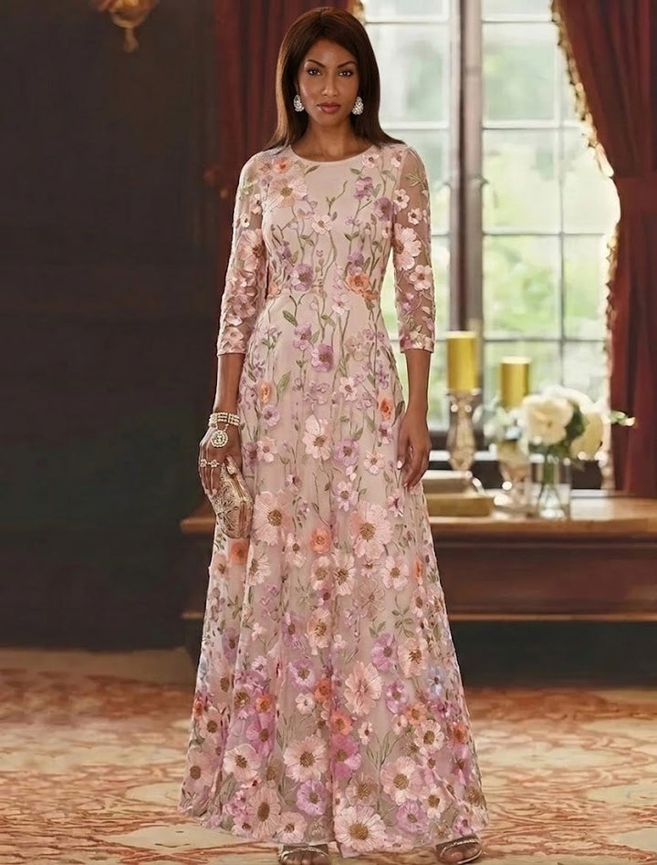 Robe mère de la mariée ligne A, dentelle col rond, broderie florale, manches 3/4, longueur cheville