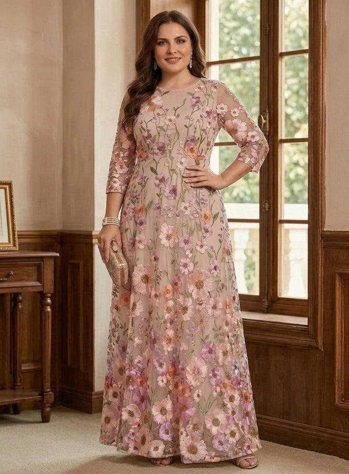 Robe mère de la mariée, Taille Plus, Ligne A/Princesse, Col Rond, Manches 3/4, Longueur de la Cheville, Dentelle
