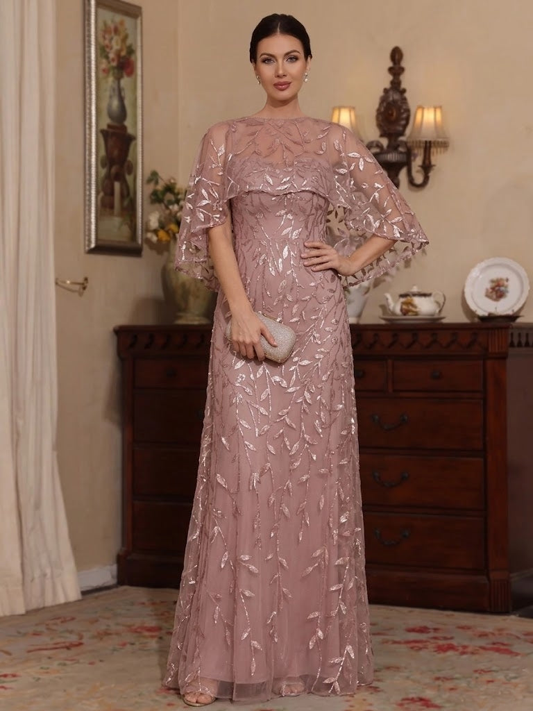 Robe mère de la mariée ligne A, dentelle col rond, manches cape, longueur sol, sequins, imprimé floral