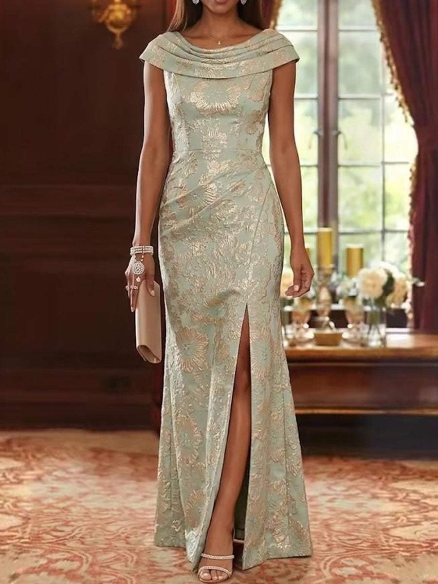 Robe mère de la mariée fourreau, jacquard col drapé, imprimé floral, sans manches, longueur sol