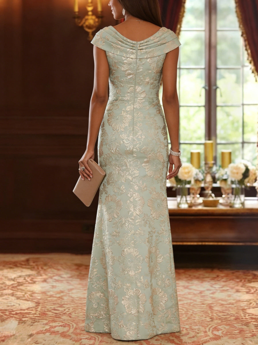 Robe mère de la mariée fourreau, jacquard col drapé, imprimé floral, sans manches, longueur sol