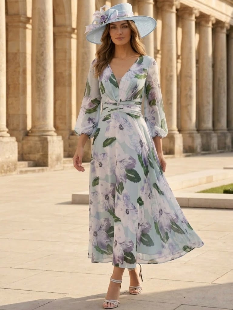 Robe mère de la mariée ligne A, mousseline col V, manches 3/4, imprimé floral, longueur midi, drapé