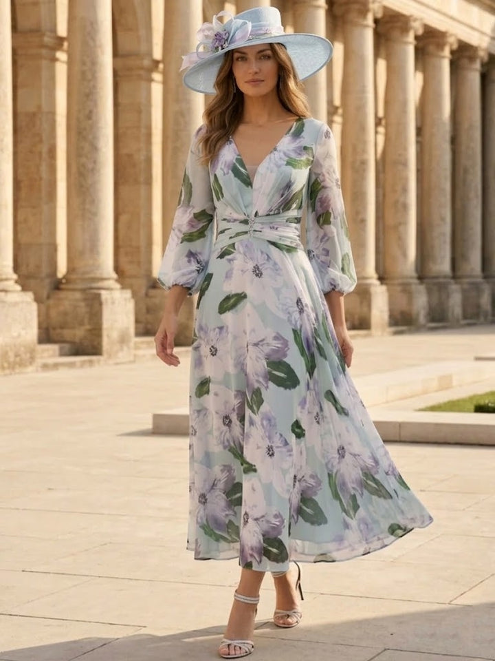 Robe mère de la mariée ligne A, mousseline col V, manches 3/4, imprimé floral, longueur midi, drapé
