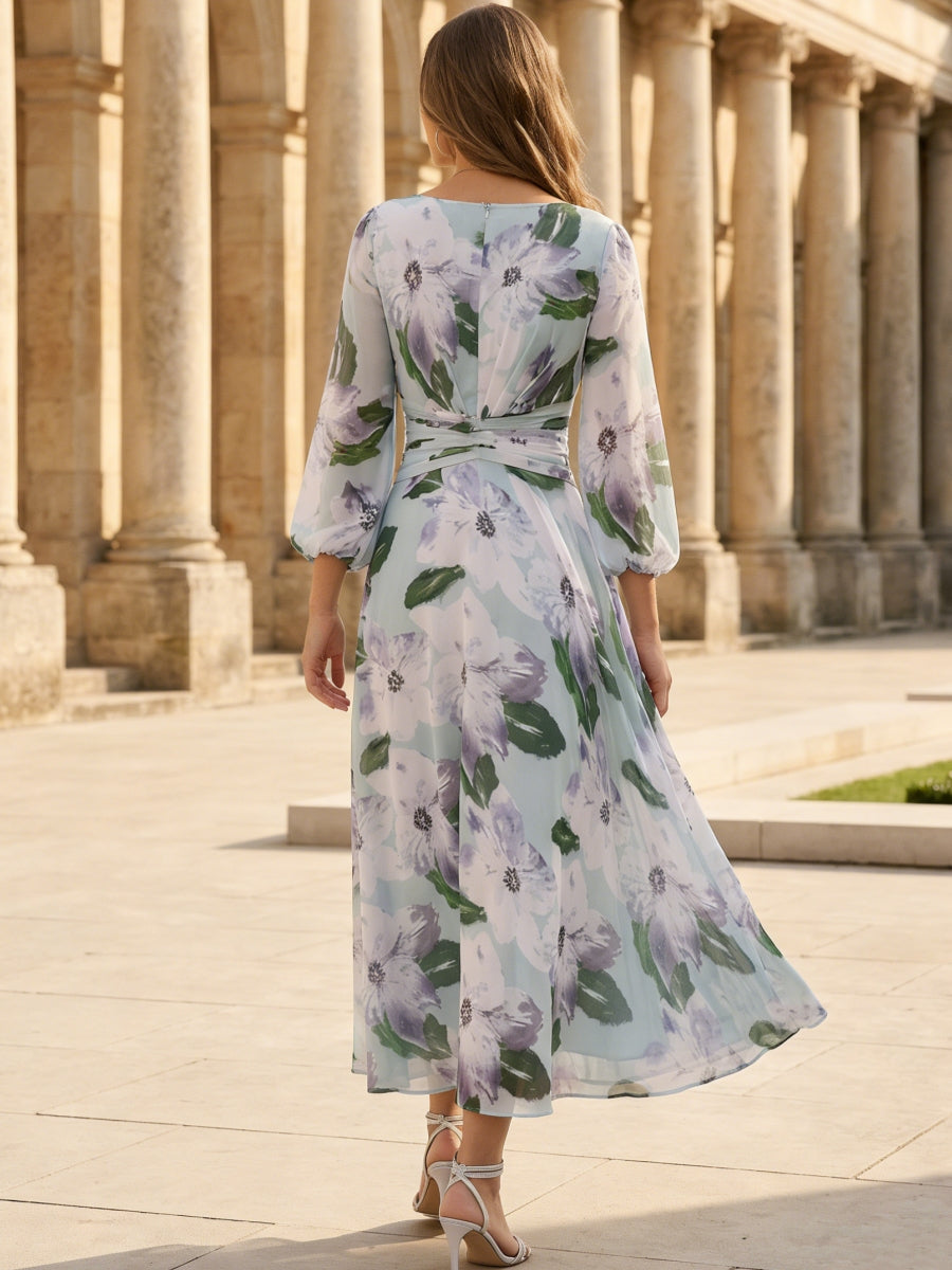 Robe mère de la mariée ligne A, mousseline col V, manches 3/4, imprimé floral, longueur midi, drapé