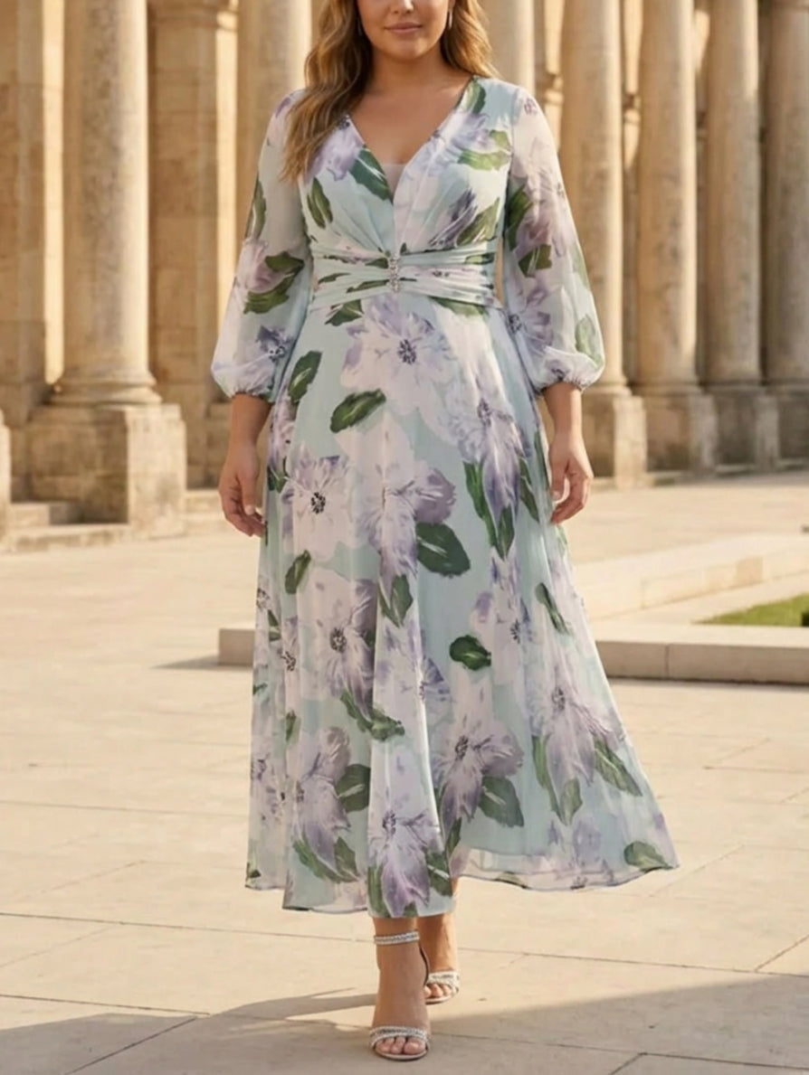 Robe mère de la mariée, Taille Plus, Ligne A/Princesse, Col en V, Mousseline, Manches 3/4, Longueur du Thé, Froncée