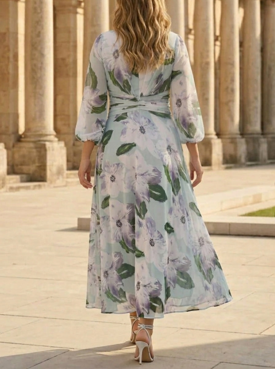 Robe mère de la mariée, Taille Plus, Ligne A/Princesse, Col en V, Mousseline, Manches 3/4, Longueur du Thé, Froncée