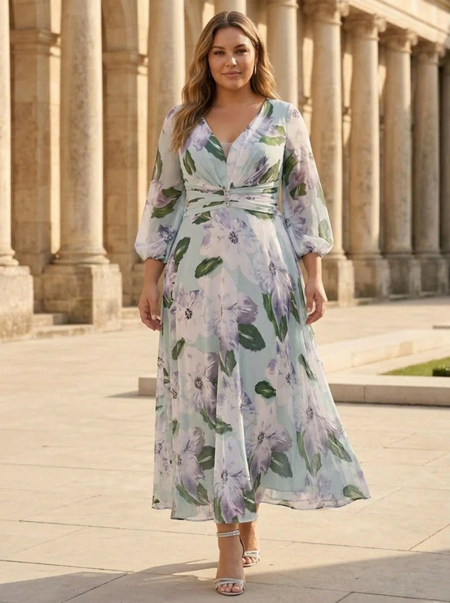 Robe mère de la mariée, Taille Plus, Ligne A/Princesse, Col en V, Mousseline, Manches 3/4, Longueur du Thé, Froncée