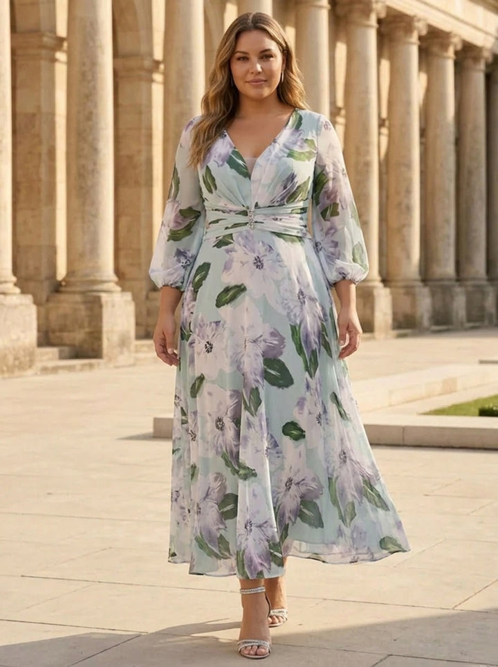 Robe mère de la mariée, Taille Plus, Ligne A/Princesse, Col en V, Mousseline, Manches 3/4, Longueur du Thé, Froncée