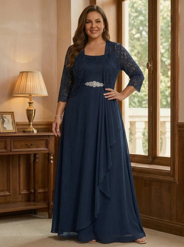 Robe Mère de la Mariée, Grande Taille, Ligne A/Princesse, Col Carré, Manches 3/4, Longueur de la Cheville, Mousseline, Dentelle