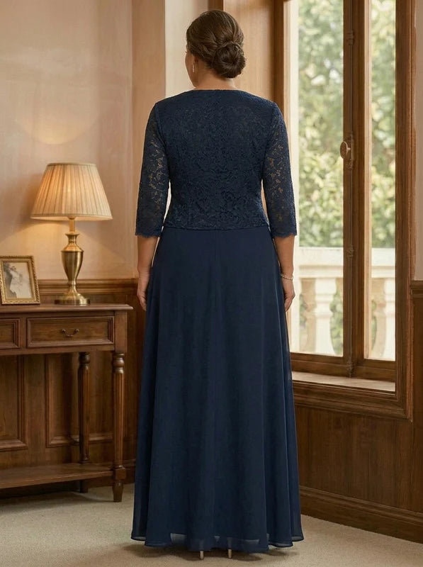 Robe Mère de la Mariée, Grande Taille, Ligne A/Princesse, Col Carré, Manches 3/4, Longueur de la Cheville, Mousseline, Dentelle