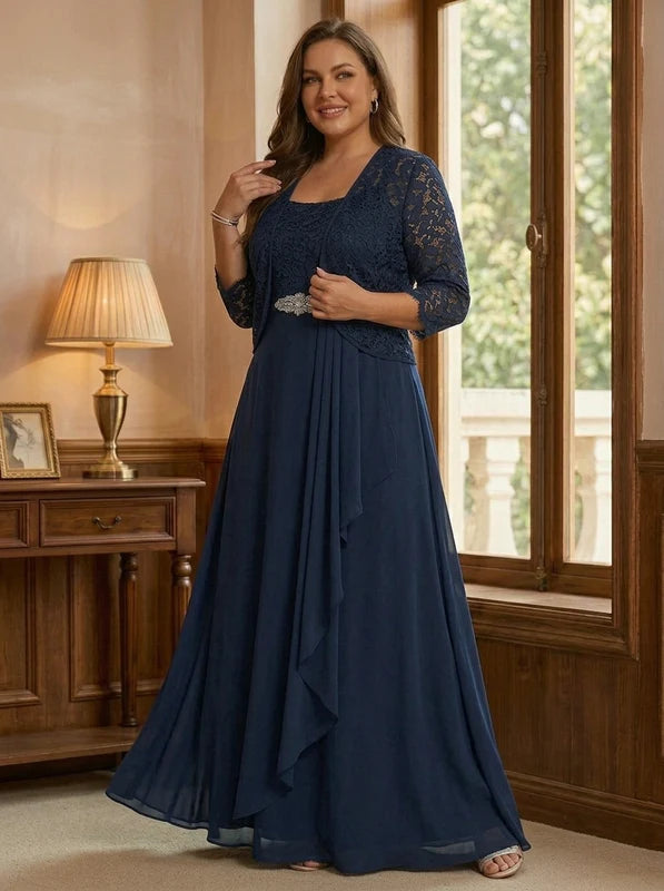 Robe Mère de la Mariée, Grande Taille, Ligne A/Princesse, Col Carré, Manches 3/4, Longueur de la Cheville, Mousseline, Dentelle
