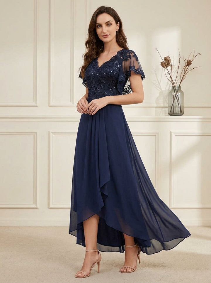 Robe mère de la mariée ligne A, mousseline col V, asymétrique, dentelle, sequins, manches courtes, longueur cheville