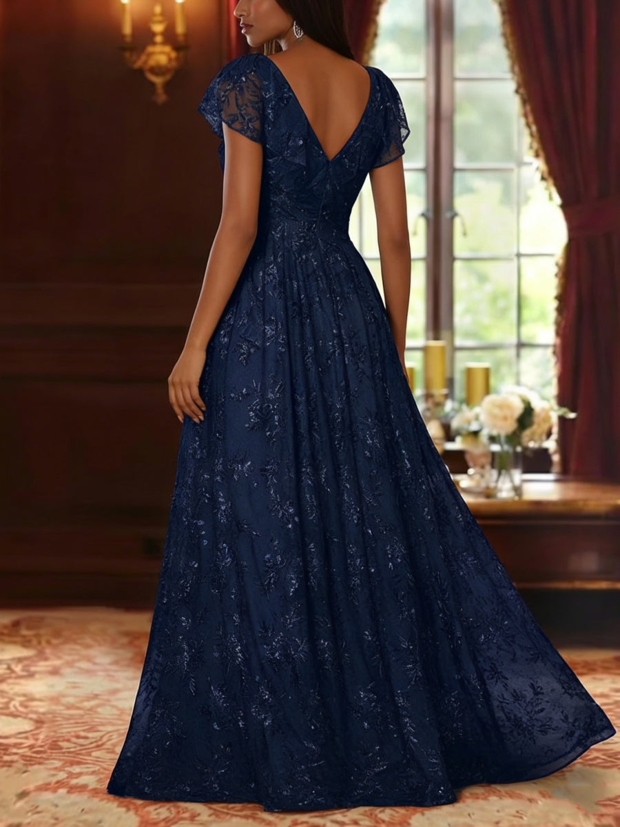 Robe mère de la mariée ligne A, col V, sequins, dentelle, manches courtes, imprimé floral, longueur sol