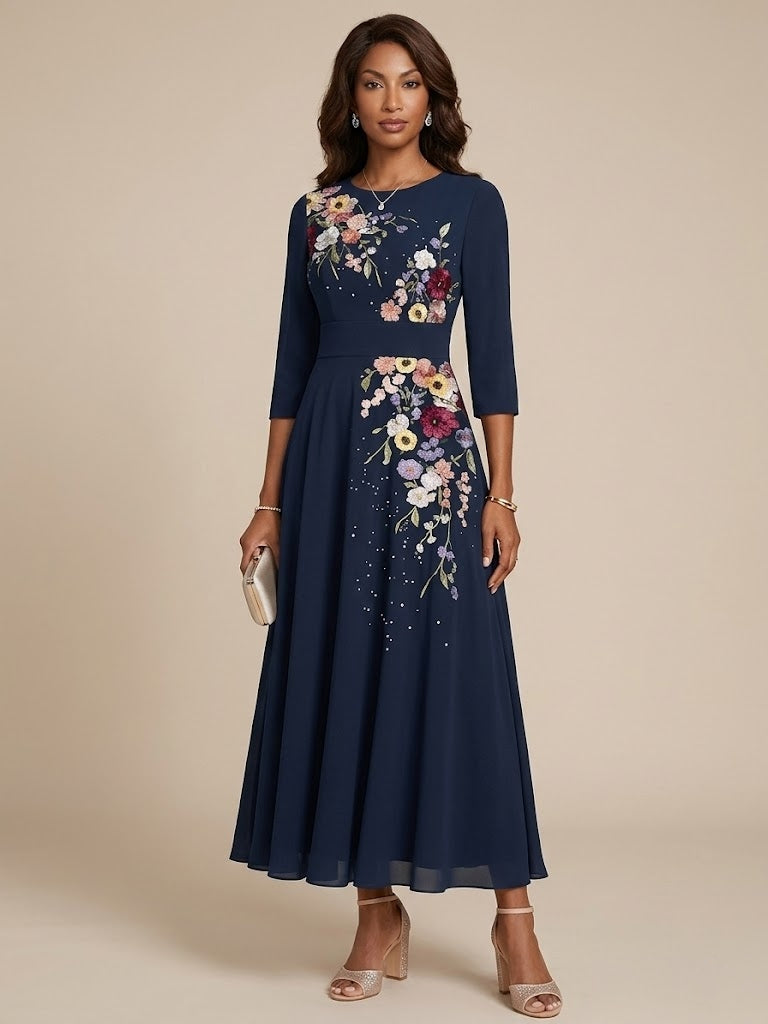 Robe mère de la mariée ligne A, mousseline col rond, manches 3/4, dentelle, longueur midi, imprimé floral