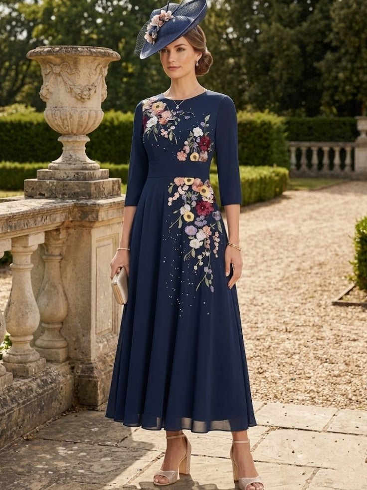Robe mère de la mariée ligne A, mousseline col rond, manches 3/4, dentelle, longueur midi, imprimé floral
