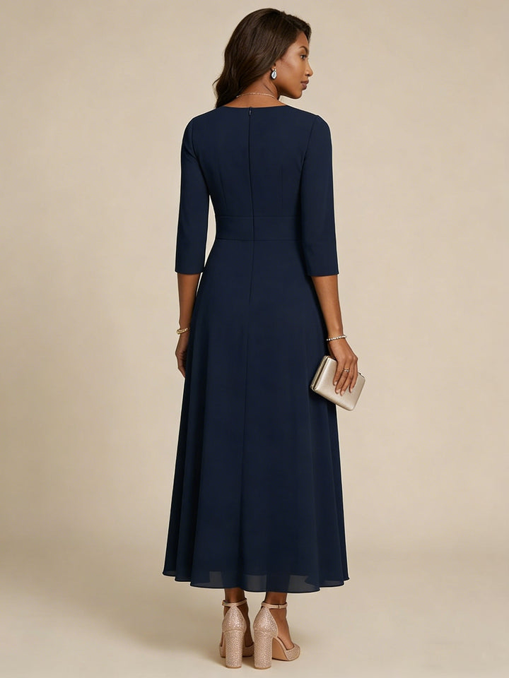 Robe mère de la mariée ligne A, mousseline col rond, manches 3/4, dentelle, longueur midi, imprimé floral