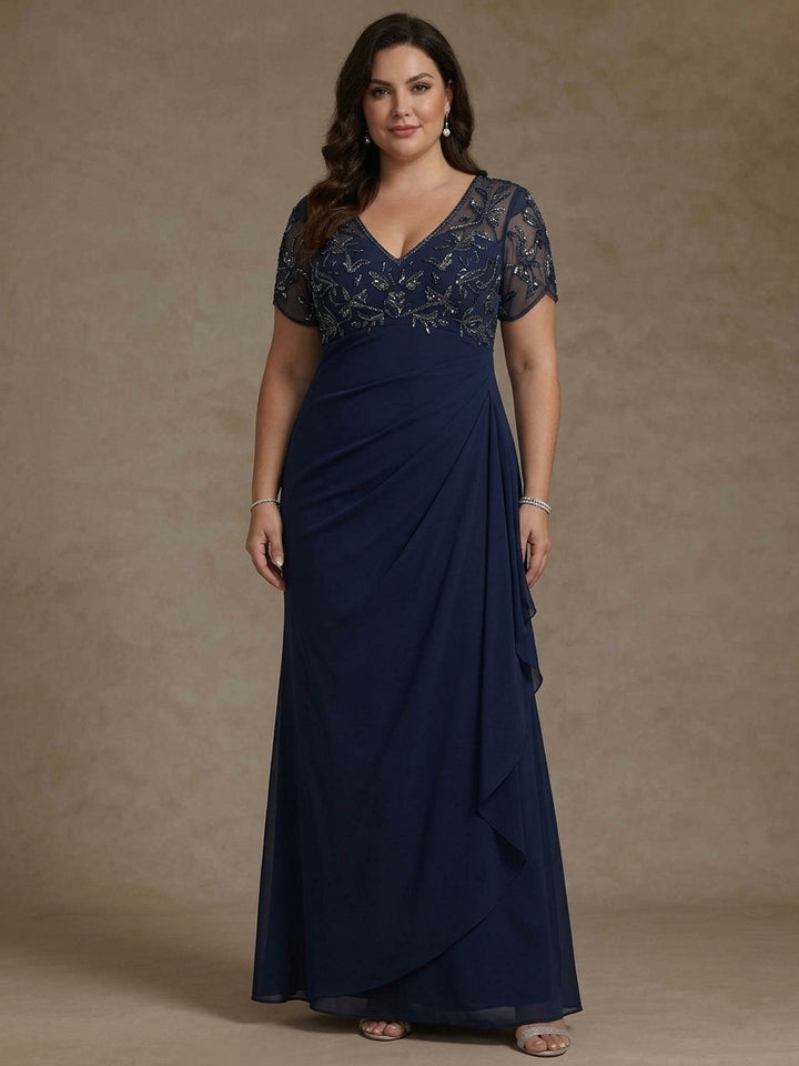 Robe gaine/colonne, décolleté en V, taille plus, pour mère de la mariée, manches courtes, mousseline, floral, longueur de la cheville, paillettes, volants