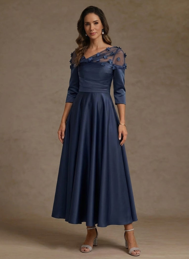 Robe mère de la mariée ligne A col V, satin acétate, manches 3/4, floral, longueur midi, fleurs 3D