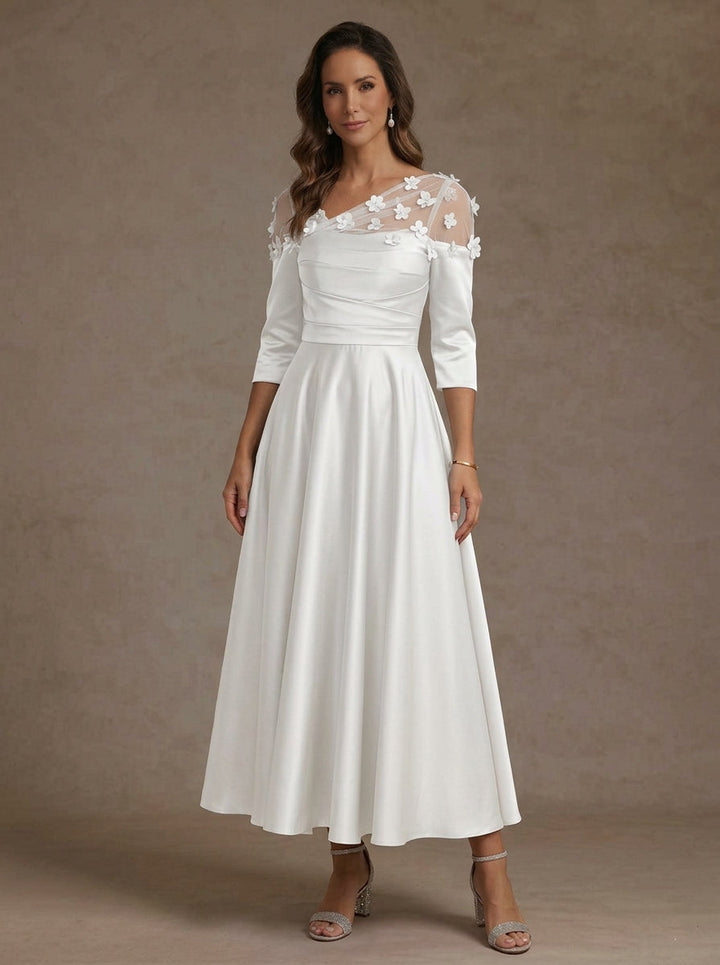Robe mère de la mariée ligne A col V, satin acétate, manches 3/4, floral, longueur midi, fleurs 3D
