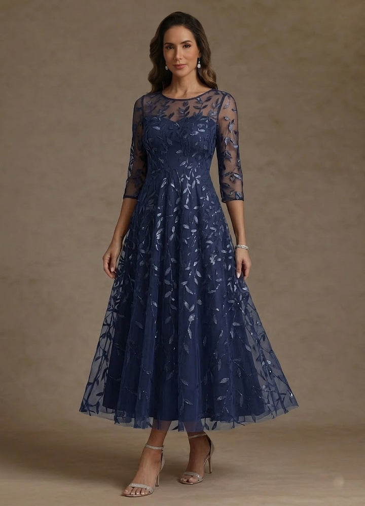 Robe mère de la mariée ligne A col rond, dentelle sequins, manches 3/4, floral, longueur midi