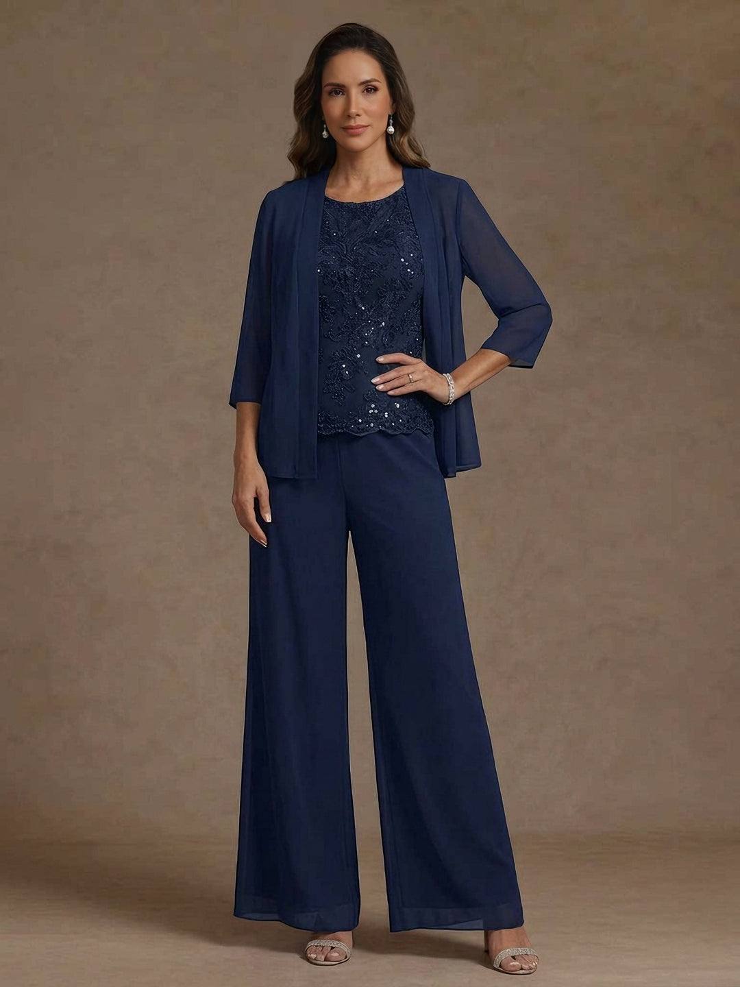 Ensemble pantalon 3 pièces mère de la mariée, mousseline col rond, veste, manches 3/4, dentelle sequins, longueur cheville