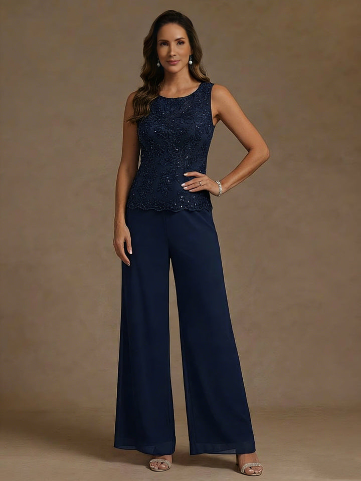 Ensemble pantalon 3 pièces mère de la mariée, mousseline col rond, veste, manches 3/4, dentelle sequins, longueur cheville