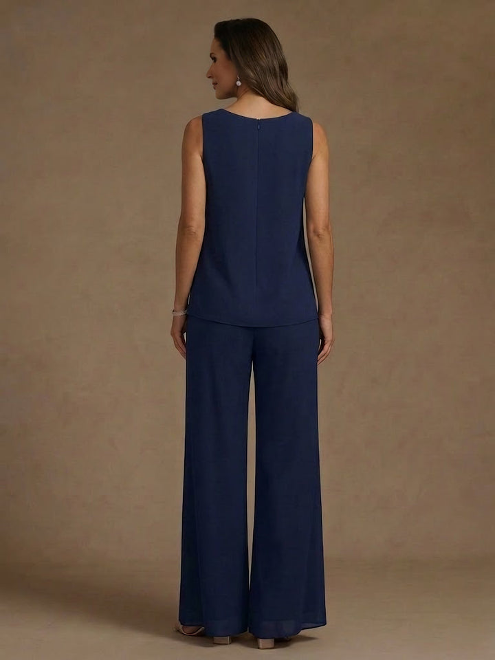 Ensemble pantalon 3 pièces mère de la mariée, mousseline col rond, veste, manches 3/4, dentelle sequins, longueur cheville
