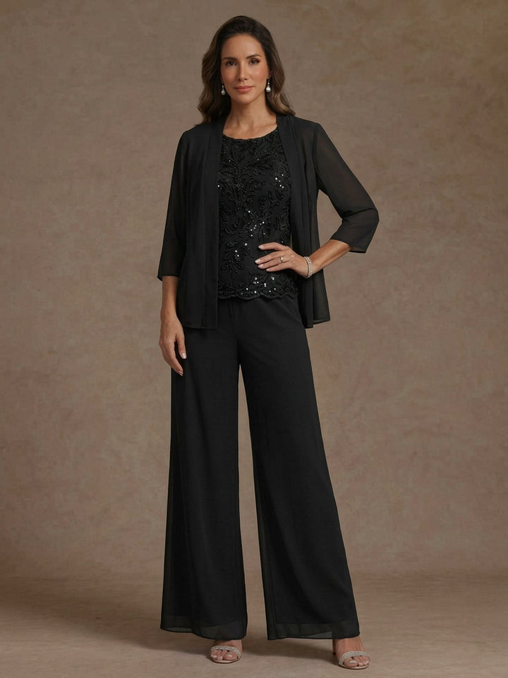 Ensemble pantalon 3 pièces mère de la mariée, mousseline col rond, veste, manches 3/4, dentelle sequins, longueur cheville