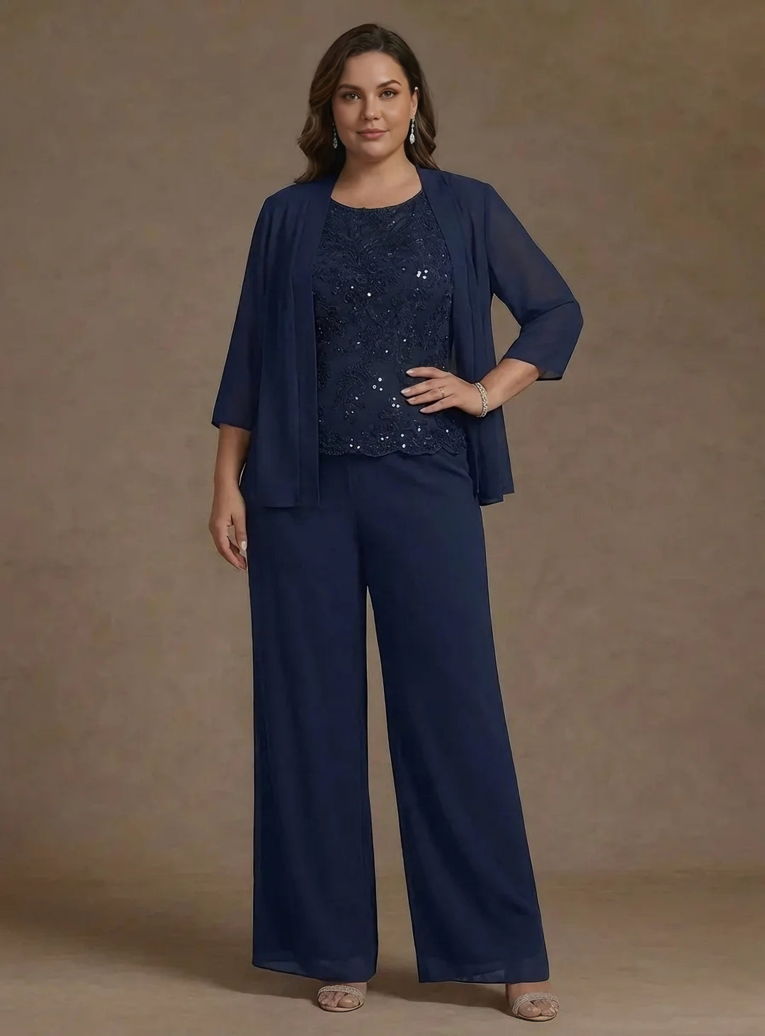 Ensemble 3 pièces en mousseline pour mère de la mariée, taille plus, pantalon-suit avec veste, col rond, manches 3/4, Longueur de La Cheville, dentelle, paillettes