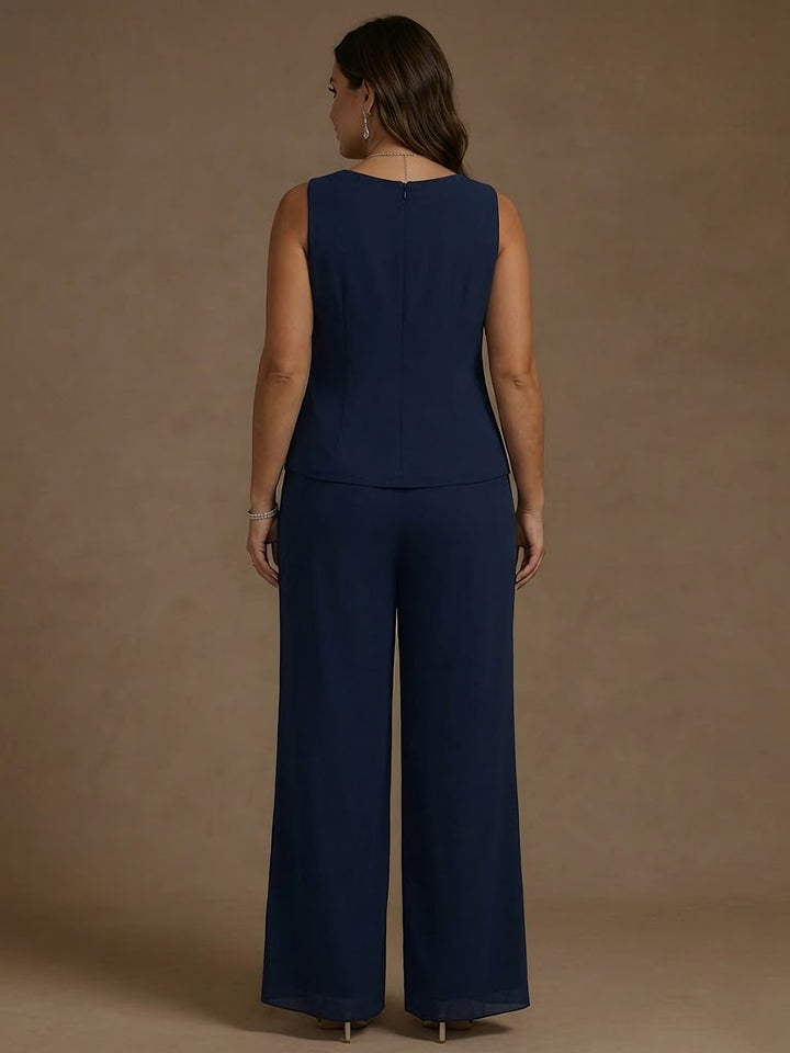 Ensemble 3 pièces en mousseline pour mère de la mariée, taille plus, pantalon-suit avec veste, col rond, manches 3/4, Longueur de La Cheville, dentelle, paillettes