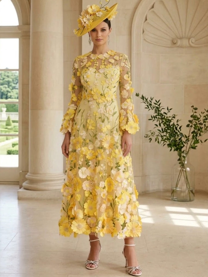 Robe mère de la mariée ligne A col rond, dentelle appliques, floral, manches longues, longueur midi